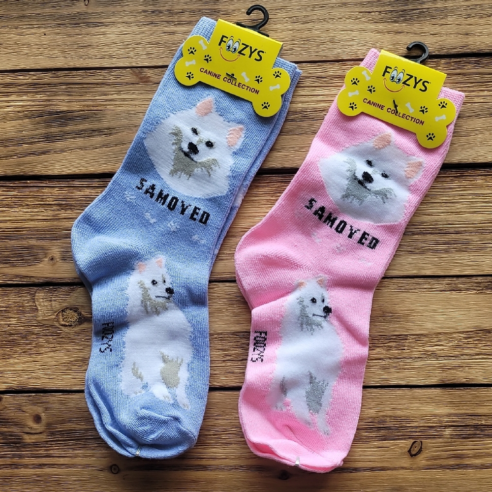 NWT Foozys Samoyed Dog Socks - Light Blue And Pink 2 Pair Set - Unisex
